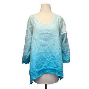 La Fixsun Linen V Neck Double Layer Tunic Top Medium Blue Ombre Lagenlook Resort